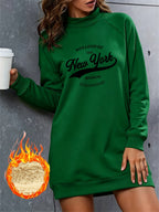 Retro New York English Letter Print Half-Neck Long Sweatshirt Women'S Fall Winter Fleece Thickened Loose Sweatshirt Dress - Green