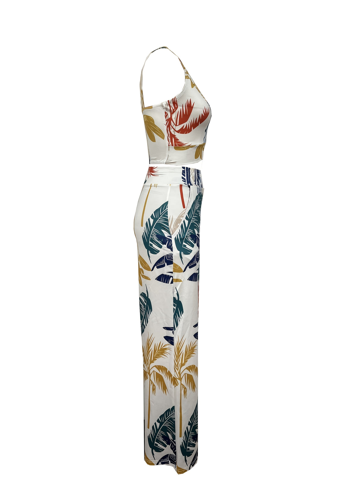 Women's European and American contrasting palm tree print sleeveless tops and trousers - White
