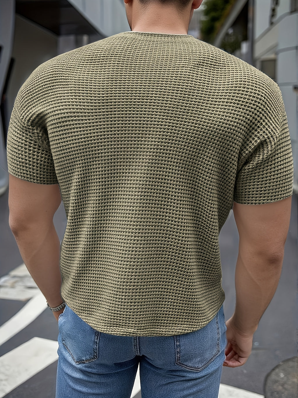 Men's Short-Sleeve Knitted Summer Fashion Jacquard Outerwear Casual Base Layer Solid Color High-Quality Top for Outings, Daily Wear, and Travel Clothing - Green