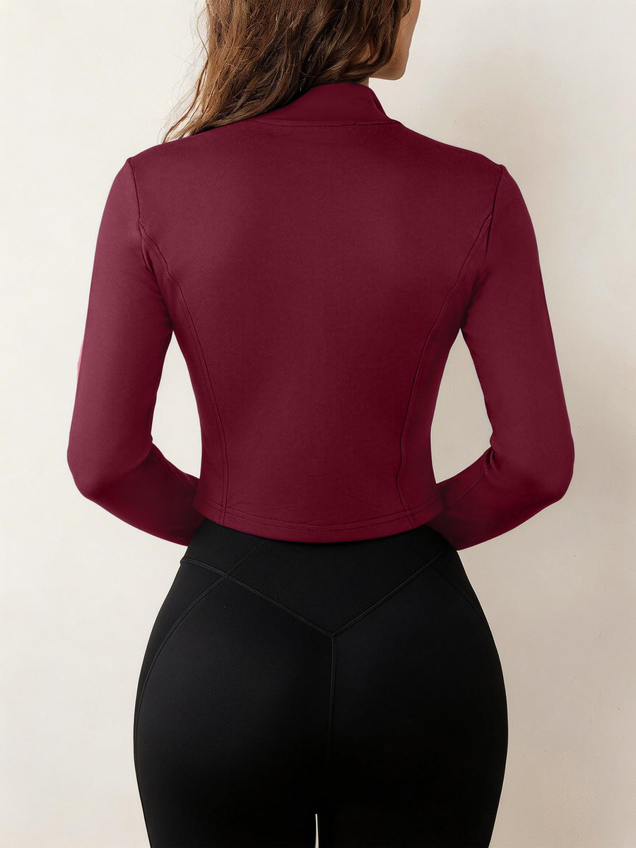 Stand-Up Collar Zipper Jacket Women'S Slim Fit High-Elastic Suit Long-Sleeved Thumb Buckle Top - Burgundy