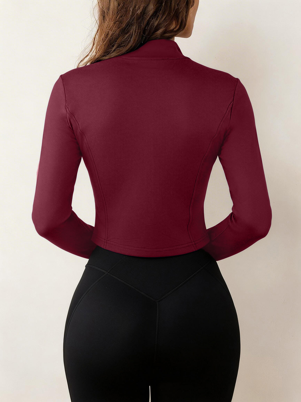 Stand-Up Collar Zipper Jacket Women'S Slim Fit High-Elastic Suit Long-Sleeved Thumb Buckle Top - Burgundy