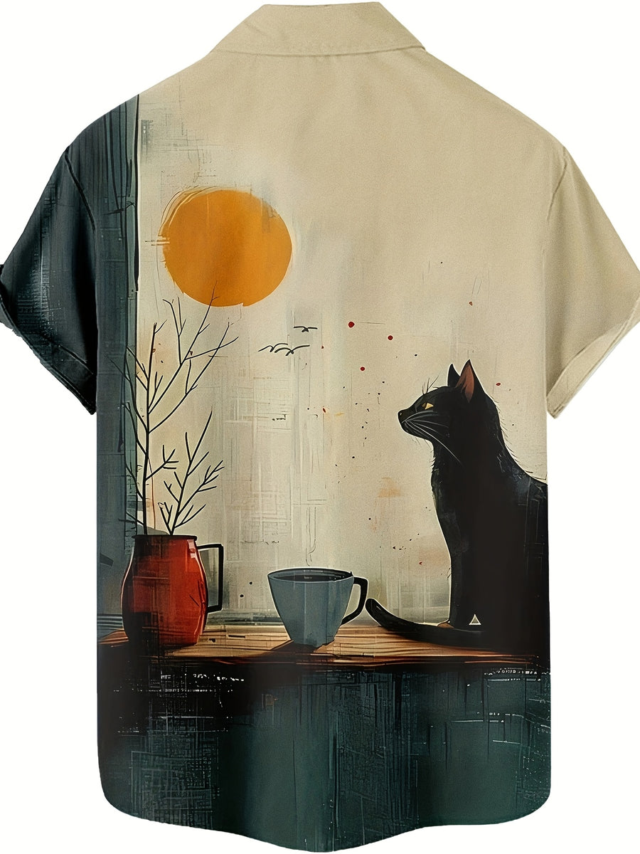 Funny Cat Drinking Coffee Vintage Pattern 3D Print Men'S Casual Shirt Fashionable Individual Hip-Hop Rock Street Hawaiian Shirt - Multicolor