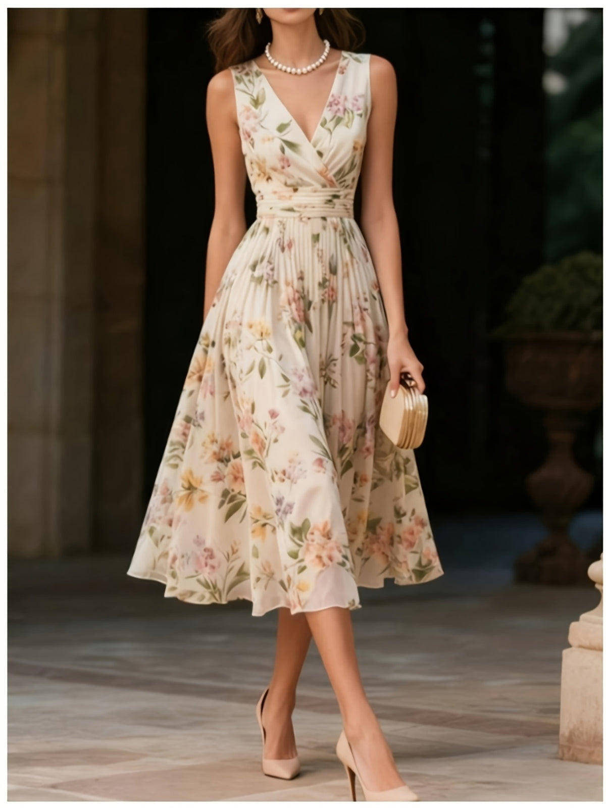 Elegant Exquisite Fashionable Women'S Dress Bridesmaid Dress, Sexy V-Neck Waist Shirred Waist Cinching Design, Draping Chiffon Pleated A-Line Hem, Back Invisible Zipper Design, Suitable for Daily Commute Dating Wedding Vacation Wear - Multicolor