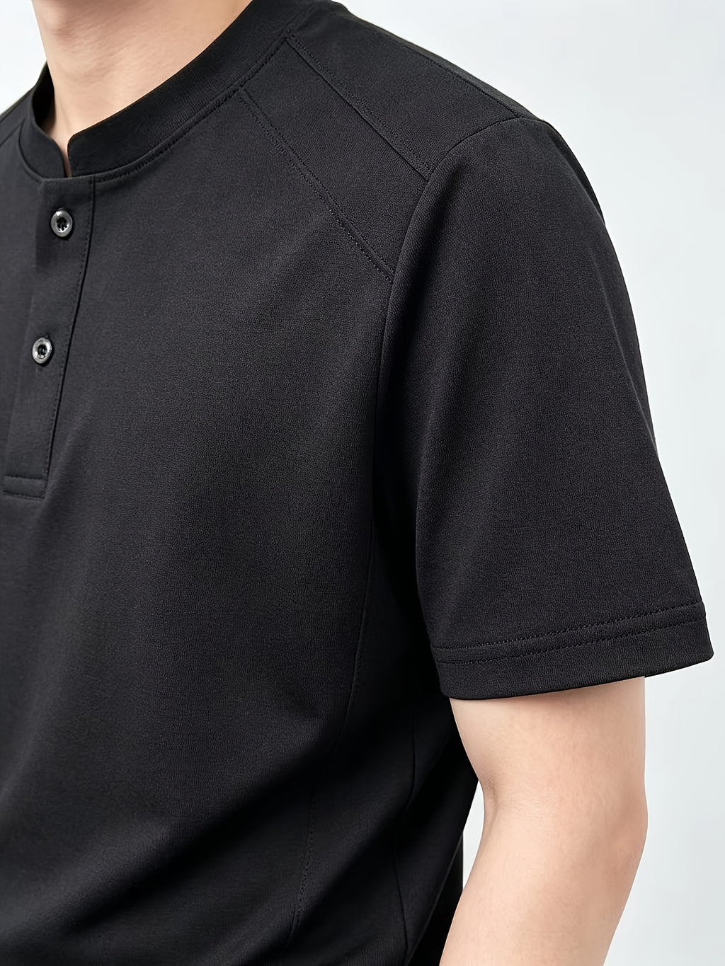 Men'S Solid Black Split Shoulder Mandarin Henley Collar Short Sleeve Top, Summer Office Daily Commute Golf City Street Outfit, Stretch Wrinkle Resistant Cooling Breathable 2-Button Tee, Middle-Aged Gentleman Business Casual Outfit, Minimalist Stand - Black