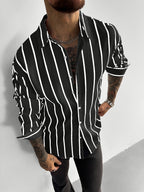 Men's Classic Black and White Striped Long-Sleeve Shirt, Textured Button-Up Shirt, Suitable for Casual and Office Commuting, All Seasons, Men's Gift - Black