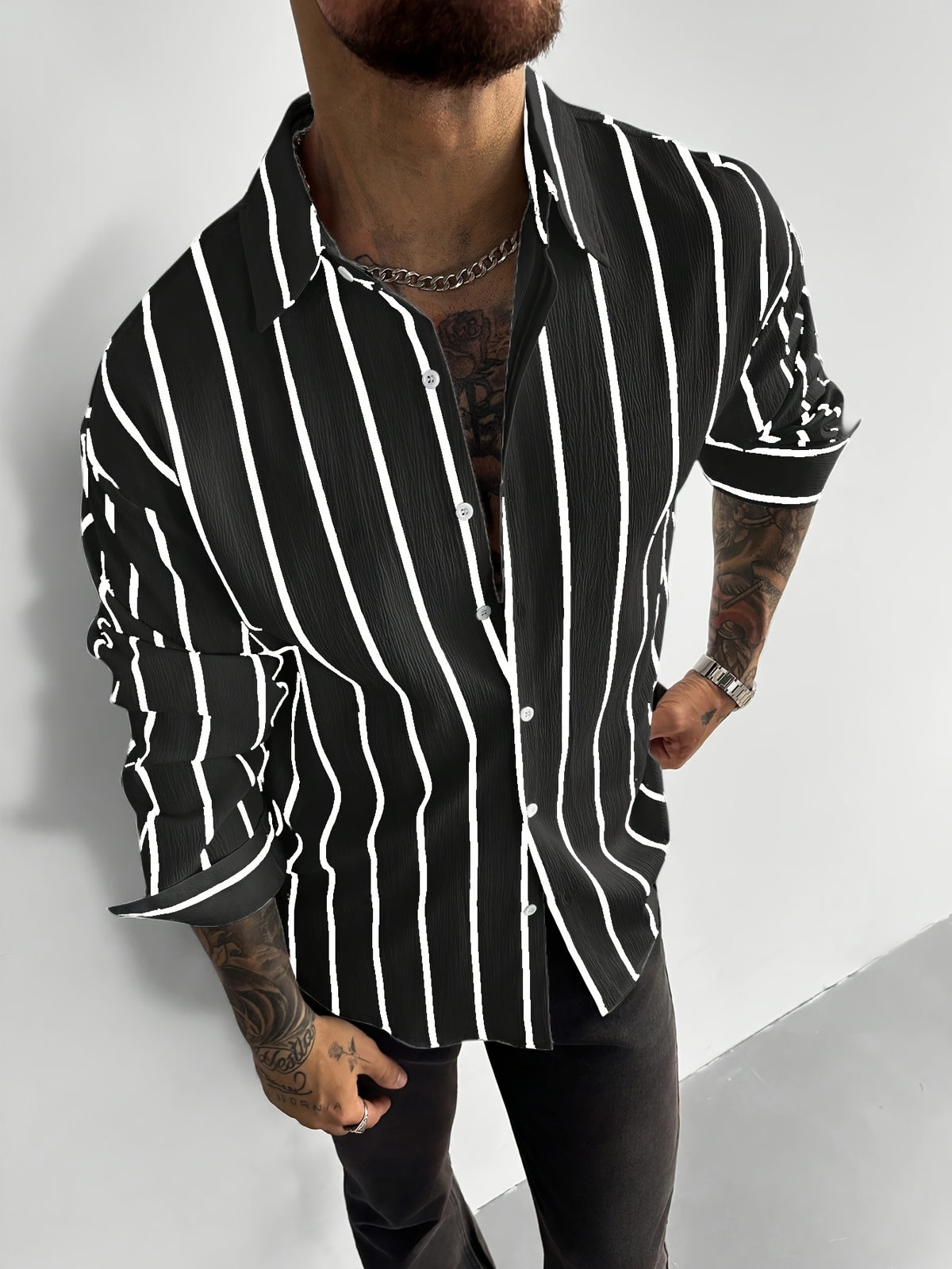 Men's Classic Black and White Striped Long-Sleeve Shirt, Textured Button-Up Shirt, Suitable for Casual and Office Commuting, All Seasons, Men's Gift - Black
