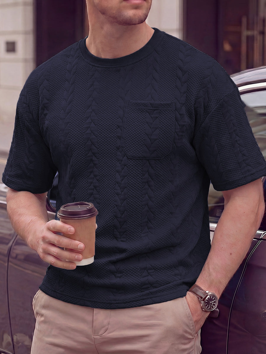 KJ-T037 Men'S Round Neck Jacquard Textured Tactile Pocket Short Sleeve Top T-Shirt Casual Men'S T-Shirt - Navy Color