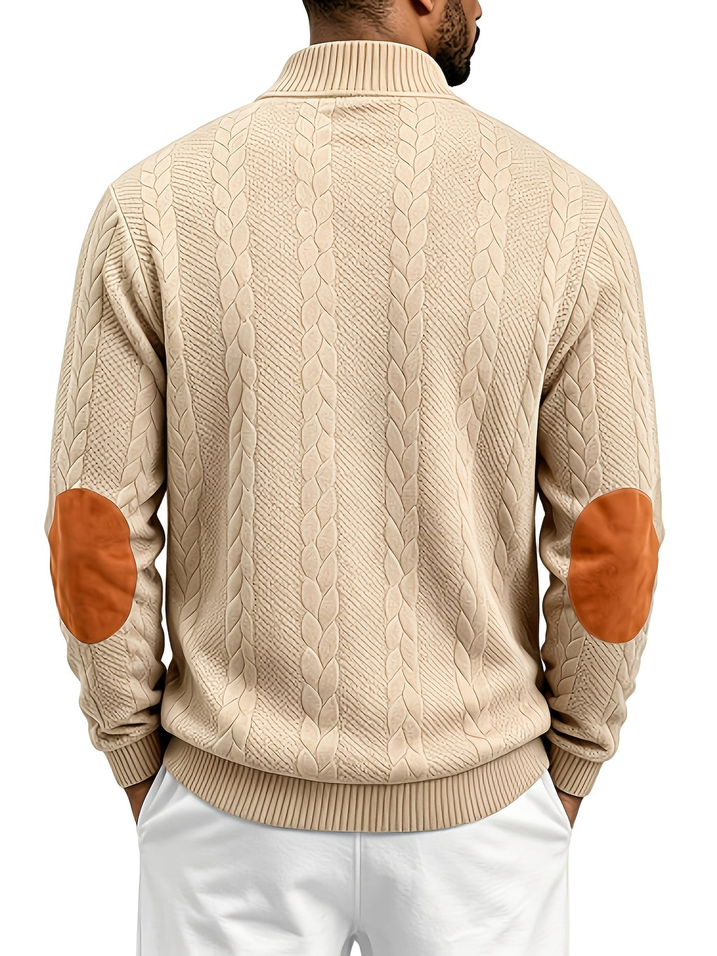 Men'S Casual Long Sleeve Knit Sweater, Textured Cable And Diamond Pattern, Stand Collar with Button Placket, Contrast Elbow Patch Details, Ribbed Cuffs And Hem, Ideal for Fall Winter Work, Travel, Golf And Daily Wear - Khaki