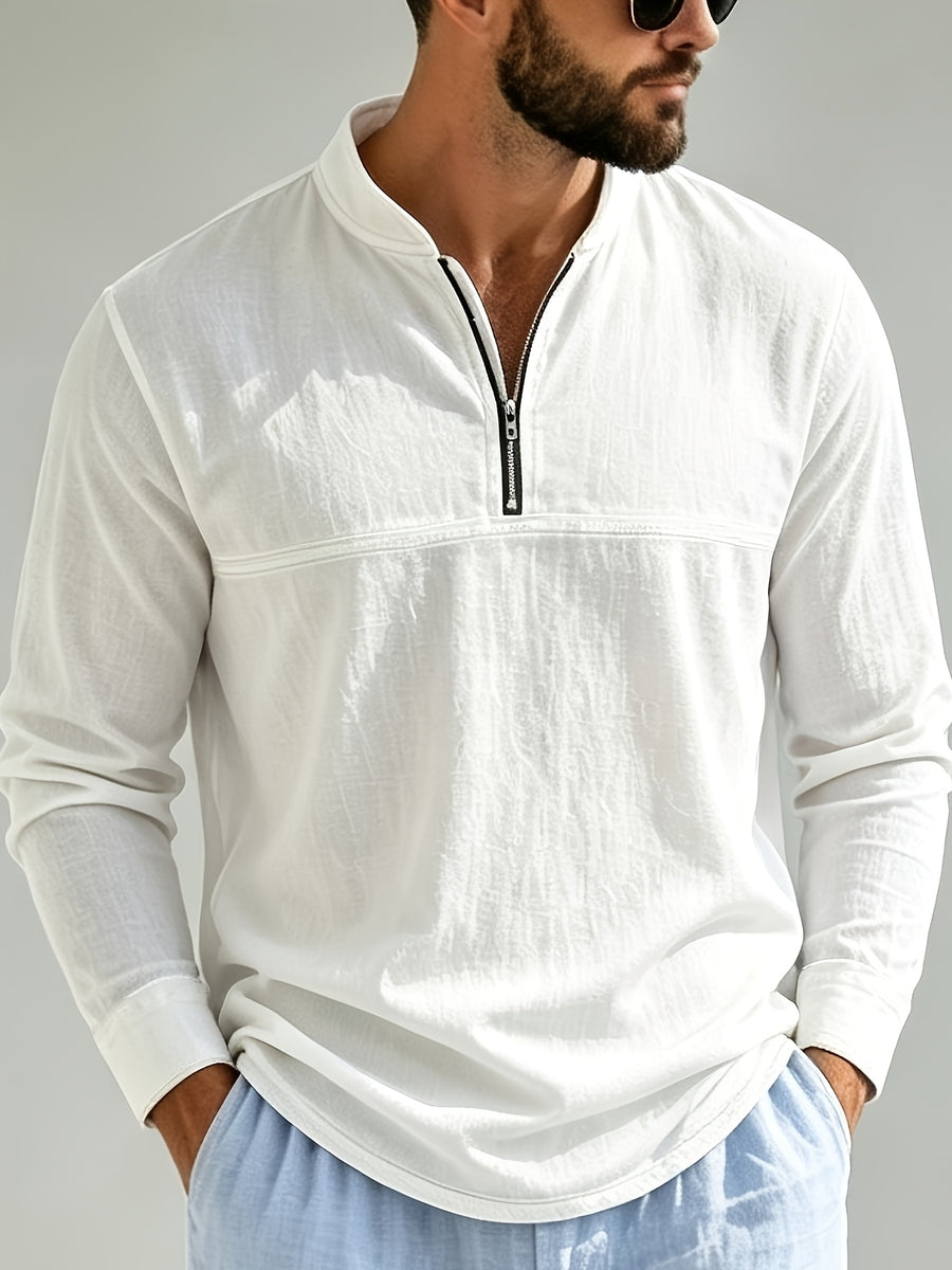 Men's Linen Long Sleeve Henley Shirt Stand Collar Loose Polo Shirt Men's Linen Zipper Casual Shirt - White