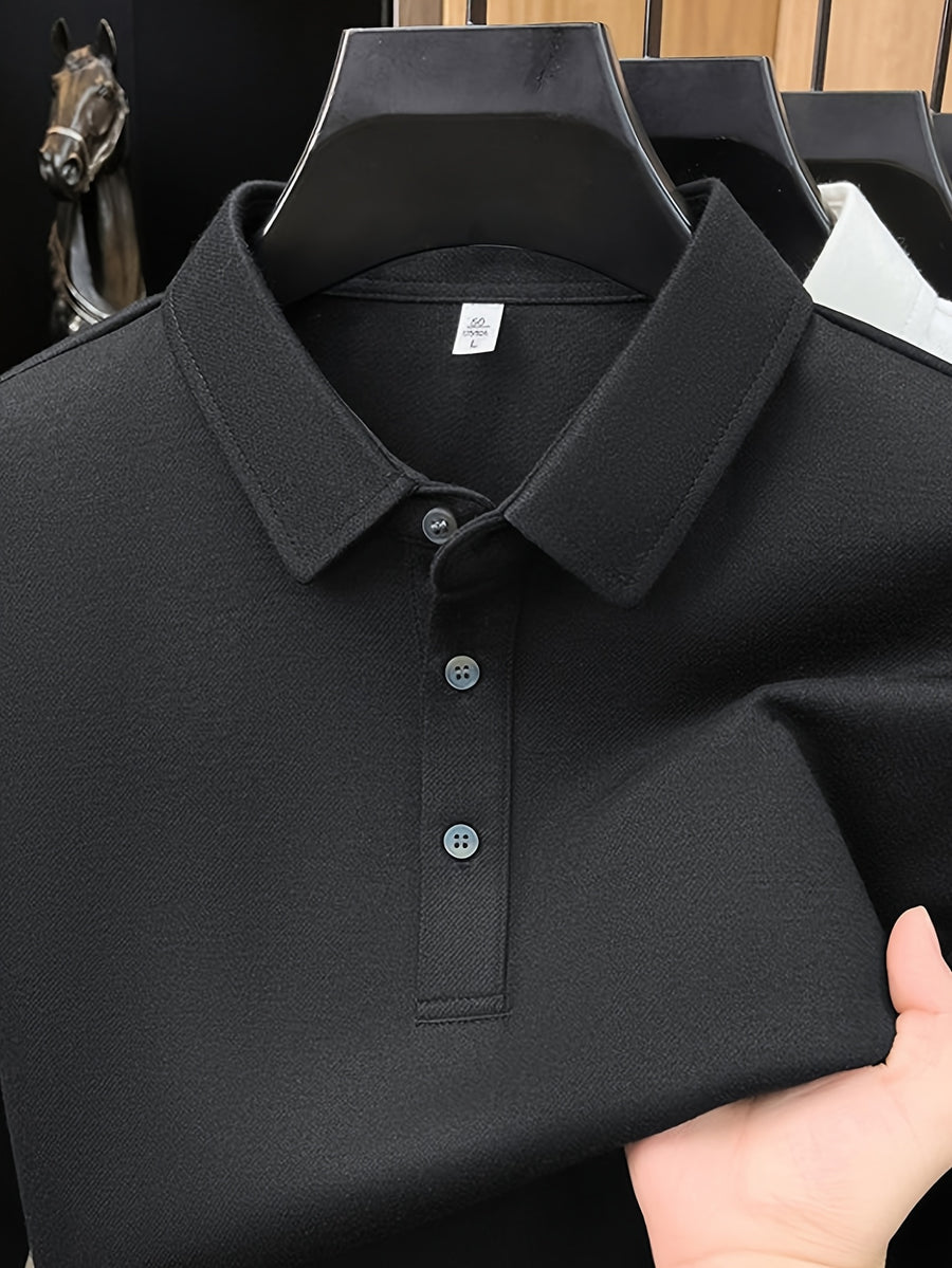 Men's Solid Color Long-Sleeve Polo Shirt, Simple and Clean Design Without Logo, Slightly Relaxed Fit, Flattering on All Body Types, Suitable for Spring and Autumn - SINBOS - Black