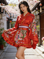 Japanese Traditional Cosplay Outfit for Women, Formal Japanese Kimono, Yukata, Sleep Robe, Shortened Modified Traditional Kimono, Cosplay Anime Photoshoot Performance Homewear, Sweet Dress and Short Skirt, Ramadan Apparel - Red