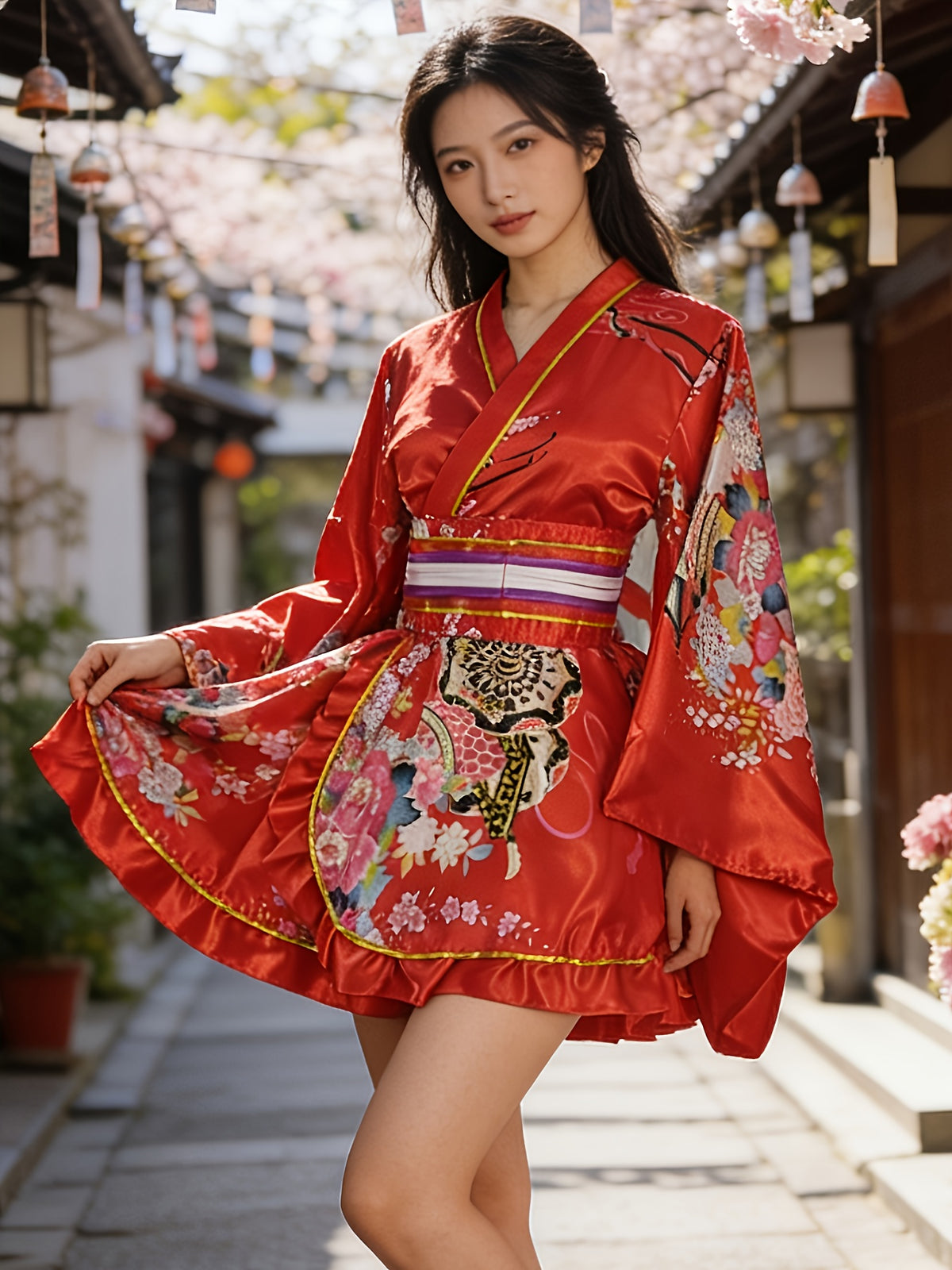 Japanese Traditional Cosplay Outfit for Women, Formal Japanese Kimono, Yukata, Sleep Robe, Shortened Modified Traditional Kimono, Cosplay Anime Photoshoot Performance Homewear, Sweet Dress and Short Skirt, Ramadan Apparel - Red