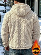 Men's Winter Casual -Lined Warm Hooded Sweatshirt, Soft Pullover with Large Pocket, Cable Knit Texture, Loose Fit, Suitable for Travel, Vacation, Outdoor, Streetwear, Daily Commuting, and as a Gift Option - Khaki