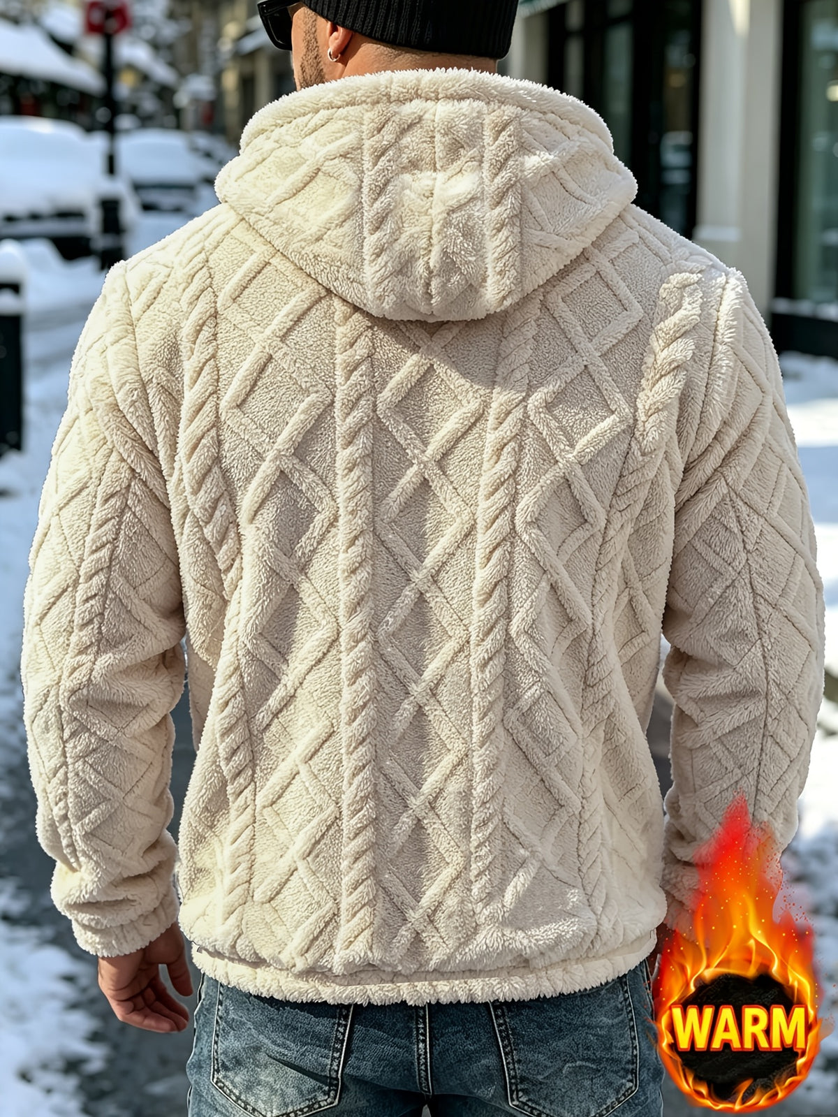 Men's Winter Casual -Lined Warm Hooded Sweatshirt, Soft Pullover with Large Pocket, Cable Knit Texture, Loose Fit, Suitable for Travel, Vacation, Outdoor, Streetwear, Daily Commuting, and as a Gift Option - Khaki