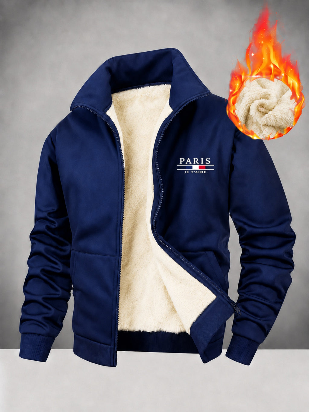 Men'S Fleece Lined Full Zip Jacket, Warm Stand Collar Long Sleeve Sweatshirt, Casual Winter Coat with Pockets - Navy Color