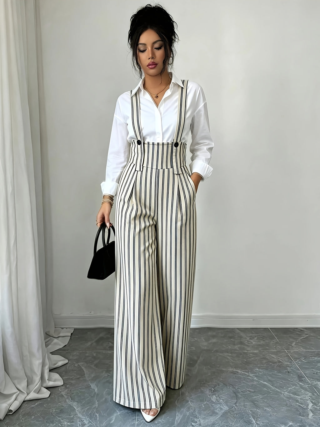 [Nian Nian] Western Style Vertical Stripe High-Waist Overalls, Waist-Cinching Loose Drapey Wide-Leg Floor-Length Casual Trousers - Mixed colors