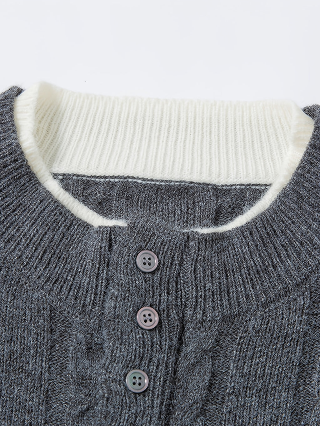 Men's 2-in-1 Look Henley Neck Cable Knit Sweater, Suitable for Commuting and Daily Wear, Ideal for Wearing Alone in Spring and Autumn, or as a Layering Piece in Winter. -SINBOS - Dark Gray