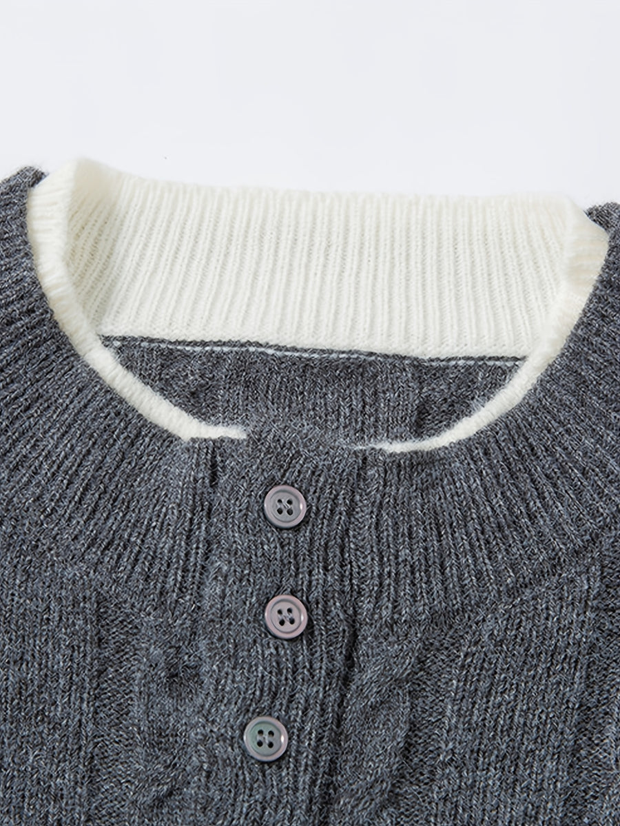 Men's 2-in-1 Look Henley Neck Cable Knit Sweater, Suitable for Commuting and Daily Wear, Ideal for Wearing Alone in Spring and Autumn, or as a Layering Piece in Winter. -SINBOS - Dark Gray