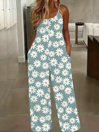 Women's European and American Style Daisy Print Spaghetti Strap High-Waist Wide-Leg Holiday Style Jumpsuit - Mixed colors