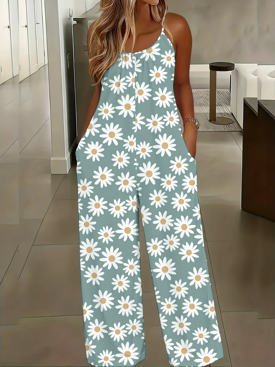 Women's European and American Style Daisy Print Spaghetti Strap High-Waist Wide-Leg Holiday Style Jumpsuit - Mixed colors