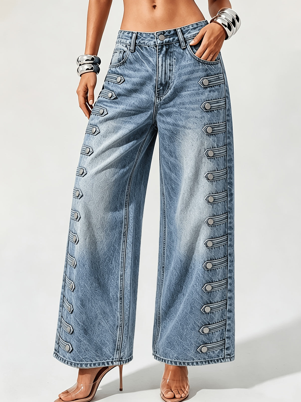 Women's High-waist Wide-leg Jeans, Side Multi-strap Buckle Denim Trousers, Casual Street Pants for Weekend Outings and Parties - Blue