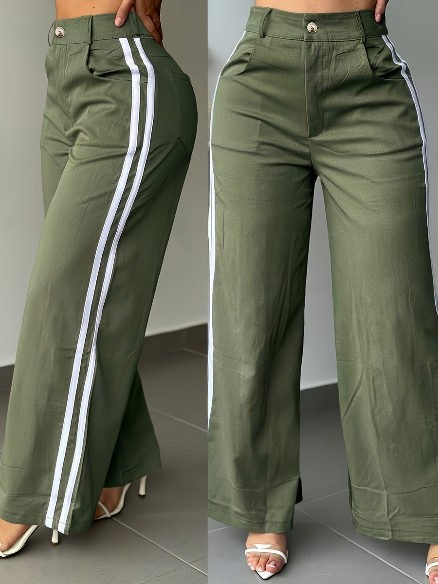 Spring and Autumn Women's Long Pants, Wide-Leg Pants with White Side Stripes, Vintage Fashionable Pants for a Tall and Look, Casual Trousers - Military Green