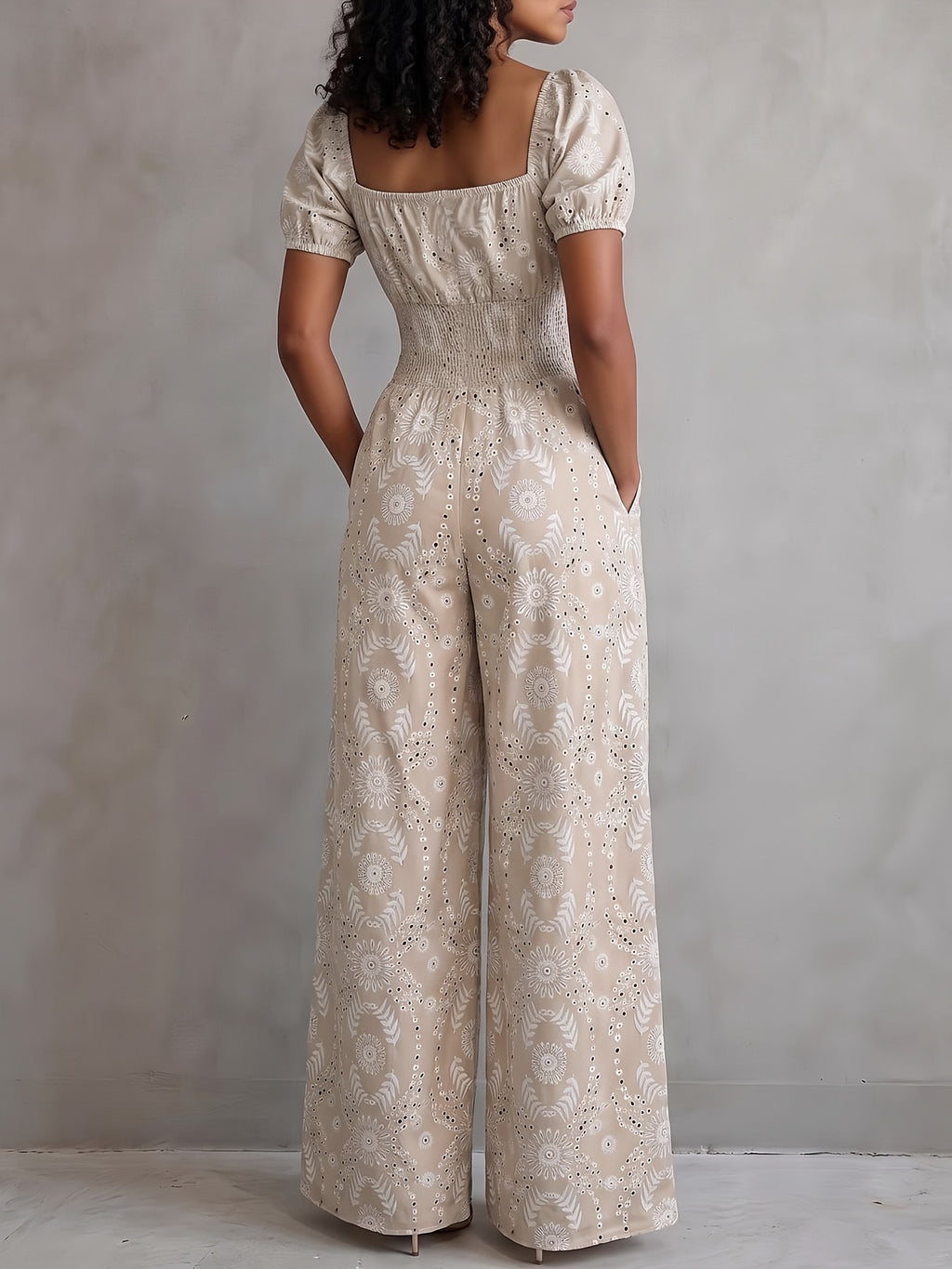 2026 Spring/Summer New Square Neck Waist-Cinching Side-Slit Wide-Leg Jumpsuit Women'S, Ethnic Print Elastic Waist Vacation One-Piece Long Pants, Retro Square Neck with Short Sleeves, Mid-Section Full Piece Gathered Elastic Waist - Khaki
