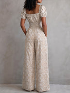 2026 Spring/Summer New Square Neck Waist-Cinching Side-Slit Wide-Leg Jumpsuit Women'S, Ethnic Print Elastic Waist Vacation One-Piece Long Pants, Retro Square Neck with Short Sleeves, Mid-Section Full Piece Gathered Elastic Waist - Khaki
