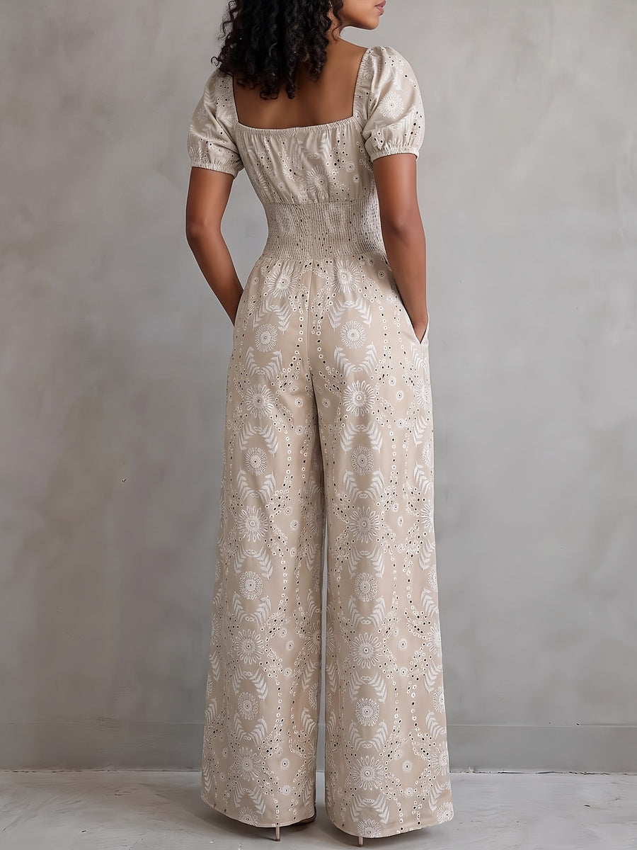2026 Spring/Summer New Square Neck Waist-Cinching Side-Slit Wide-Leg Jumpsuit Women'S, Ethnic Print Elastic Waist Vacation One-Piece Long Pants, Retro Square Neck with Short Sleeves, Mid-Section Full Piece Gathered Elastic Waist - Khaki