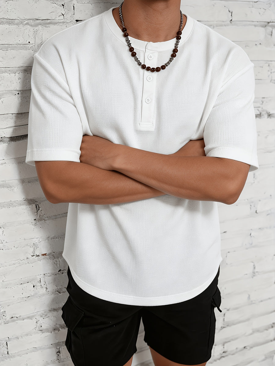 Men'S Shirt, Waffle Fabric, 3-Button Open Placket, White Basic Style, Casual Leisure, Easy Versatile, Slim Fit, Summer Commute, Henley Collar Short Sleeve, Breathable Skin-Friendly, Minimalist Top, Women'S Oversized, Machine Washable Soft Fabric - White