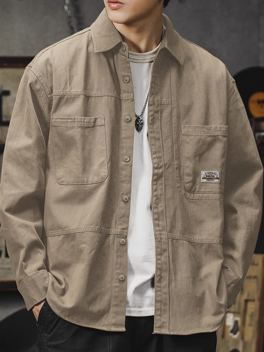 Men'S Cargo Shirt Spring Autumn Long Sleeve Top Vintage Workwear Style Multi-Pocket American Casual Top Outerwear, New Season - Khaki