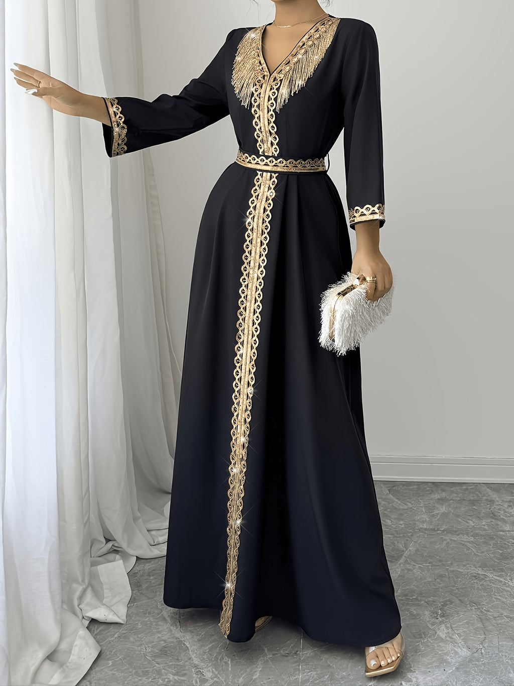 2026 New Abaya Robe Style Kimono Sleeve Long Dress V-Neck Caftan Robe Wrap Style Front Panel High Waist Empire Line Floor Length Dress Golden Lace Trim Sequined Embroidery Golden Bead Trim Golden Contrast Ruffle Tie Waist Skirt Muslim Fashion Arabic - Black