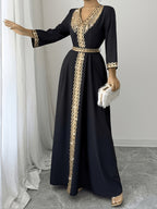 2026 New Abaya Robe Style Kimono Sleeve Long Dress V-Neck Caftan Robe Wrap Style Front Panel High Waist Empire Line Floor Length Dress Golden Lace Trim Sequined Embroidery Golden Bead Trim Golden Contrast Ruffle Tie Waist Skirt Muslim Fashion Arabic - Black