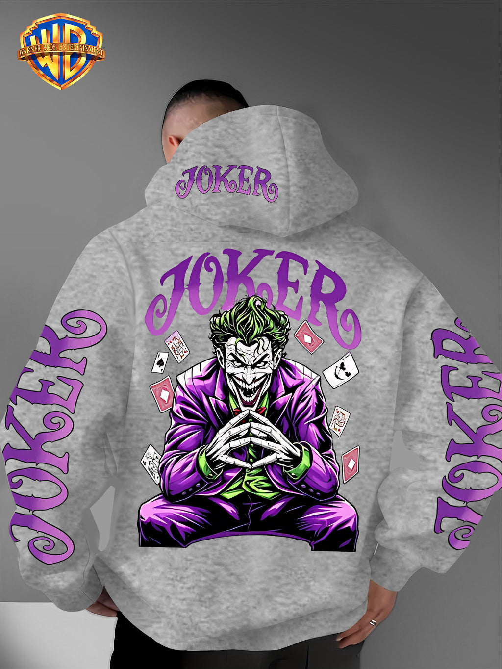 Warner Bros. Fashion Poker Joker Print, Hat Design Pattern, Multi-functional Street Style Men's Hooded Sweatshirt, Comfortable and Casual, Suitable for Autumn and Winter Wear - Light Grey