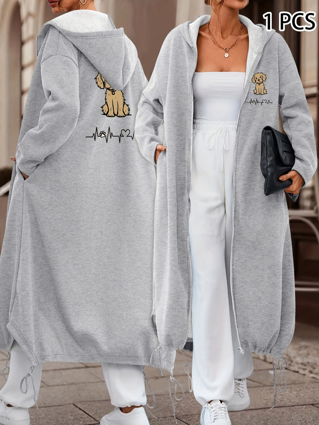 European and American Women's Casual Versatile Dog Print Long-length Hooded Cardigan, Perfect for Lounging at Home in Comfort, and for Casual Outings While Walking Your Pet. Available in Multiple Colors and Sizes - Grey