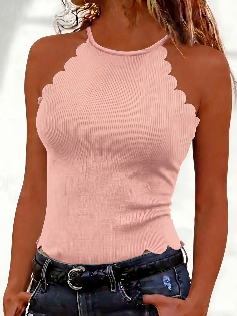 Solid Color Off-The-Shoulder Petal Trim Sleeveless Top, Western Style Women'S Easy Spicy Outfit, Spring Summer Niche Cool Outer Layer Base Layer Off-Shoulder Vest - Pink
