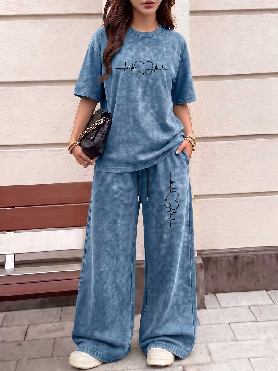 Easy Style Heartbeat Line Heart EKG Pattern Print, Women'S 2Pcss Set, Women'S Retro Washed Fabric Loose Casual Round Neck Short Sleeve T-Shirt And Elastic Waist Drawstring Retro Washed Casual Athletic Long Pants Women'S 2Pcss Set - Navy Blue+Navy Blue