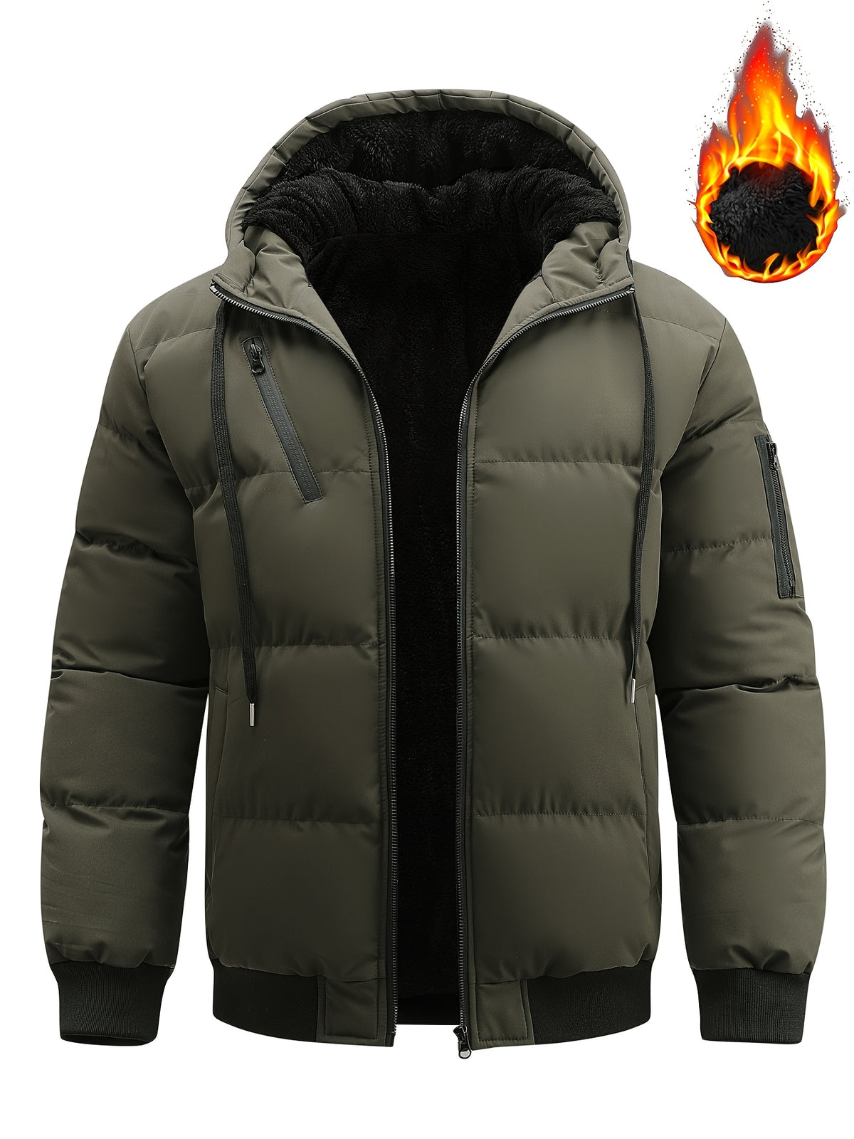 Winter Plush Jacket Thick Warm Jacket Hooded Jacket Casual Outdoor Jacket Solid Color Zipper with Plush Thickening - fern green
