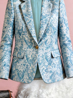 1pc Women's Printed Waist-Cinched Blazer, Single-Breasted Notch Lapel Casual Blazer, Elegant French-Style Commuter Jacket NS702 - Sky Blue