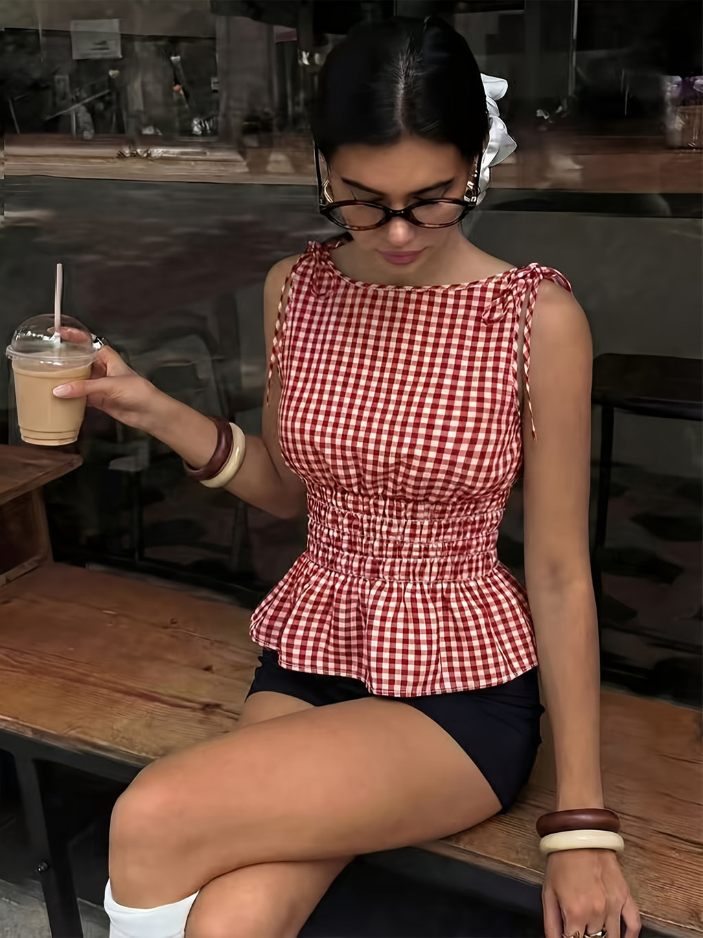 Women's Elegant Plaid Summer Vintage Nostalgic Picnic Style Sleeveless Bodycon Top, French-Style Shoulder Strap Tie-Up Heart-Shaped Neckline, Waist-Cinching Design, Ruffled Hem Doll-Style Top - Mixed colors