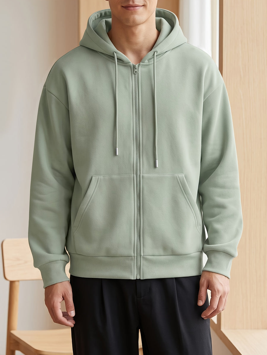 Men's Spring/Autumn Sporty Casual Zip-Up Hooded Sweatshirt, Fashionable and Versatile Hooded Sweatshirt - Matcha Green