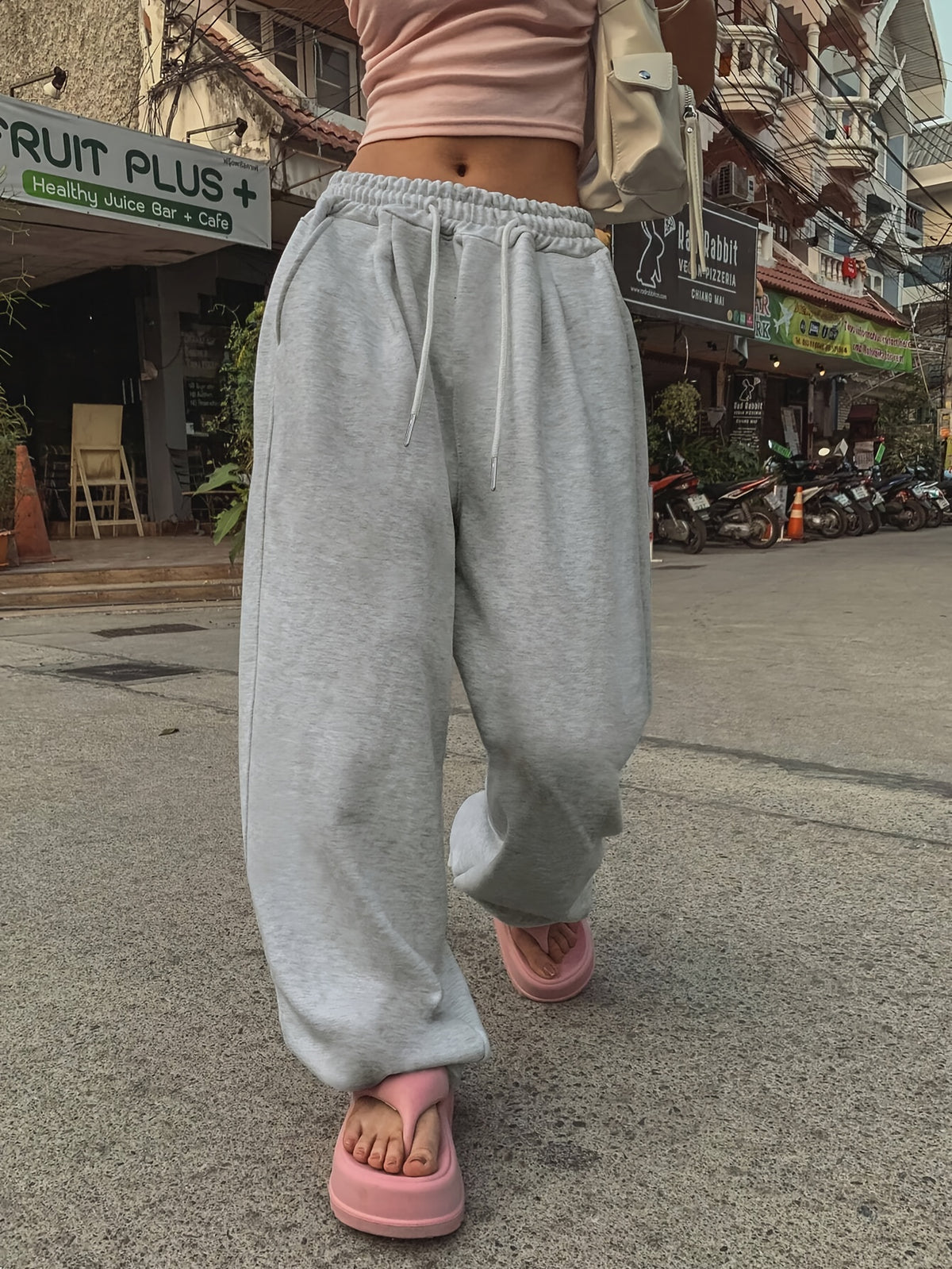Women'S Fashion Solid Color Drawstring Pocket Casual Gray Loose Wide Leg Pants Fall Winter Clothing Trousers - Light Grey