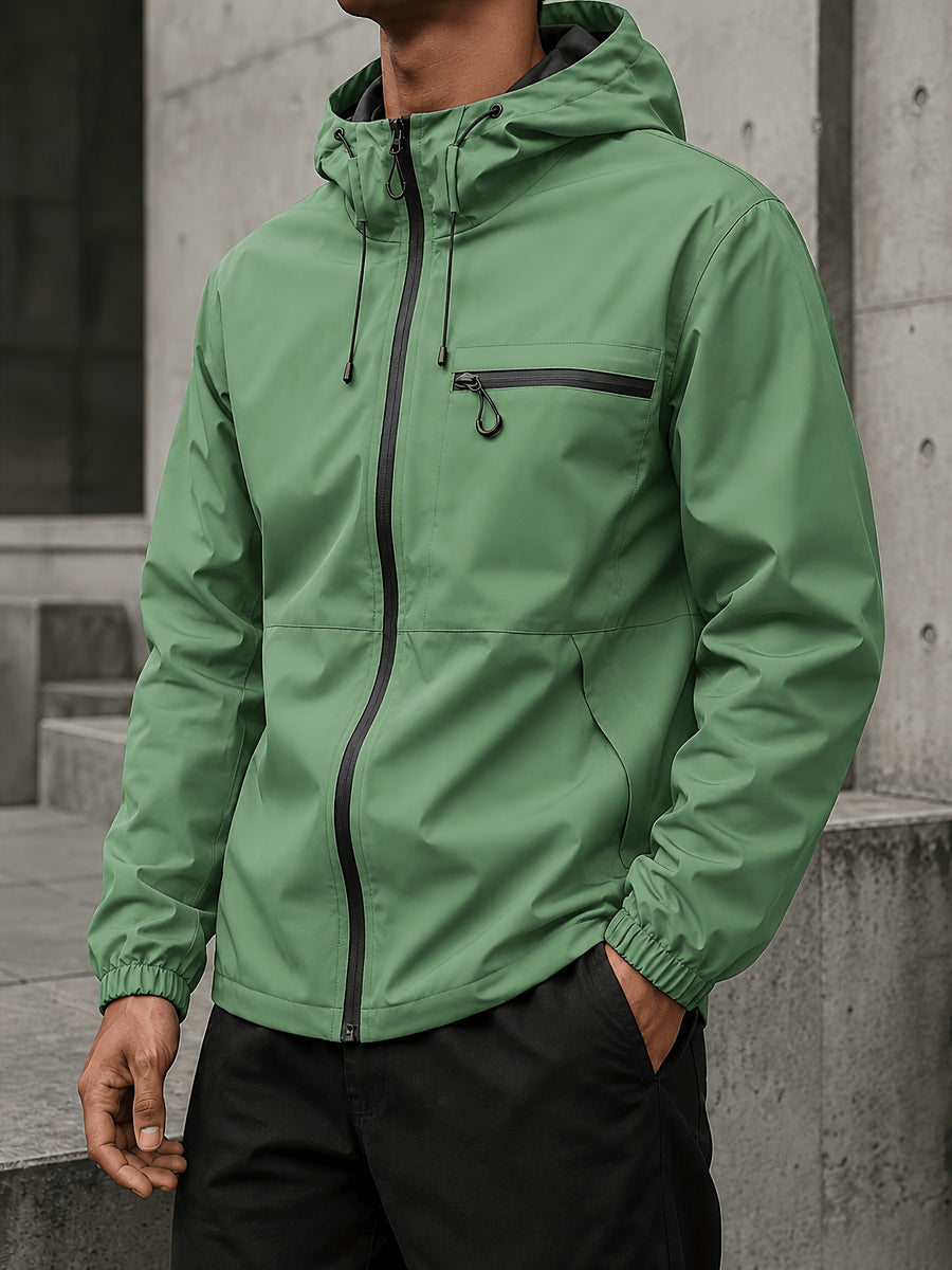 Men's Hooded Functional Jacket, Outdoor Casual Windproof Outerwear, Stand Collar Zipper Multi-Pocket Top, Spring/Autumn Urban Commuting Sports Jacket - Fruit Green