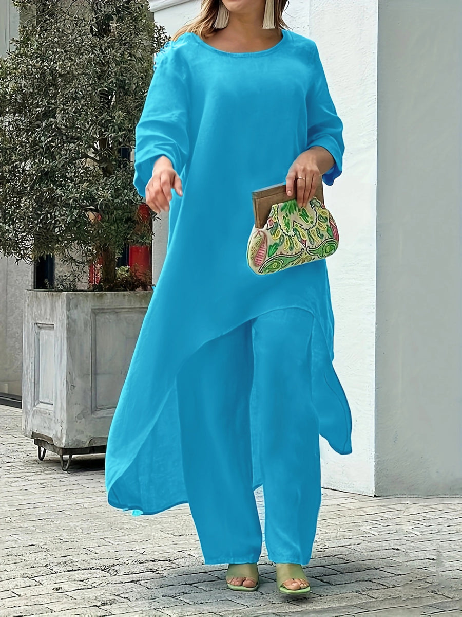 Solid Color Casual Loose 2pcs Set, Women's Three-Quarter Sleeve Irregular Hem Round Neck Long Tunic Paired with Wide-Leg Long Pants, Comfortable Outfit Suitable for Travel, Home, and Outdoor Shopping - Lake Blue