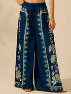 Women's Wide-Leg Pants for Spring, Summer, and Autumn, Floral Print with Drape, Versatile for Vacation and Daily Wear, Casual Fashion Trousers - Navy Color