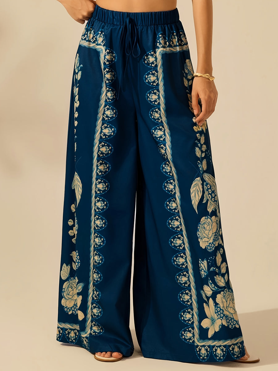 Women's Wide-Leg Pants for Spring, Summer, and Autumn, Floral Print with Drape, Versatile for Vacation and Daily Wear, Casual Fashion Trousers - Navy Color