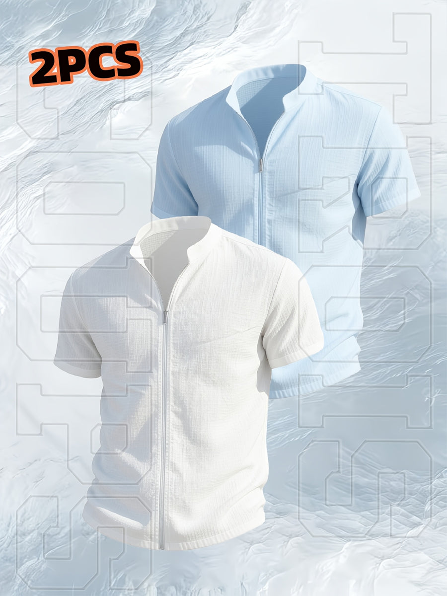 [Qiaoximei OBM] 2pcs Set, Latest Men'S Short-Sleeve Zip-Up Cardigan, Street Beach Comfortable Casual Outdoor, with Stand-Up Collar Design, Suitable for Beach Vacations, Pool Parties, And Daily Casual Wear, Men'S Top, Short-Sleeve Zip-Up Cardigan - White+Sky Blue