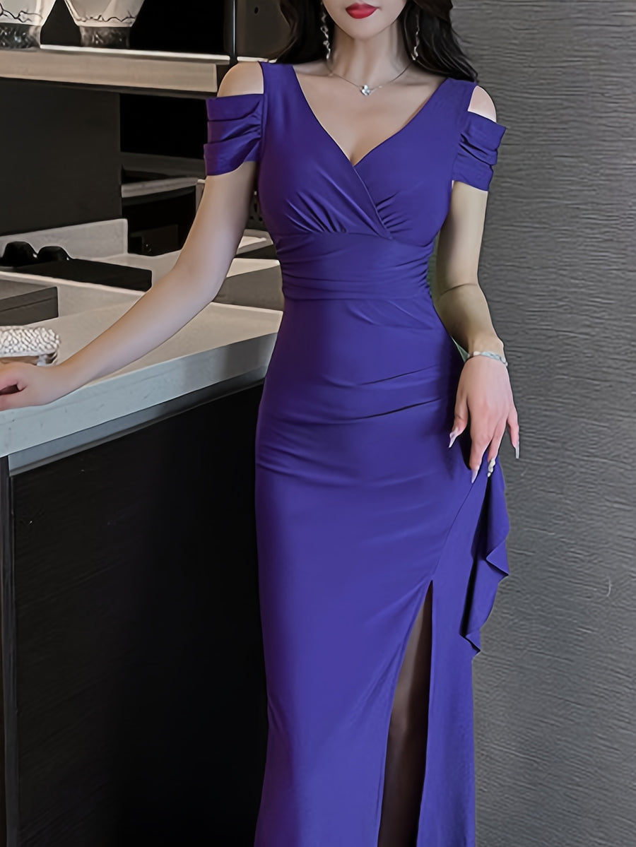 Purple V-Neck Off-Shoulder Slim-Fit Bodycon Long Dress for Women with Slit and Ruffled Hem, Elegant Evening Gown - Purple