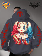 Warner Official Men'S Hoodie, Q-Version Quinn Red Blue Double Ponytail Cute Print Design, Machine Washable, Warm And Casual for Autumn And Winter, Daily Drawstring Hoodie, Multifunctional Sports And Casual Loose Fit - Dark Gray