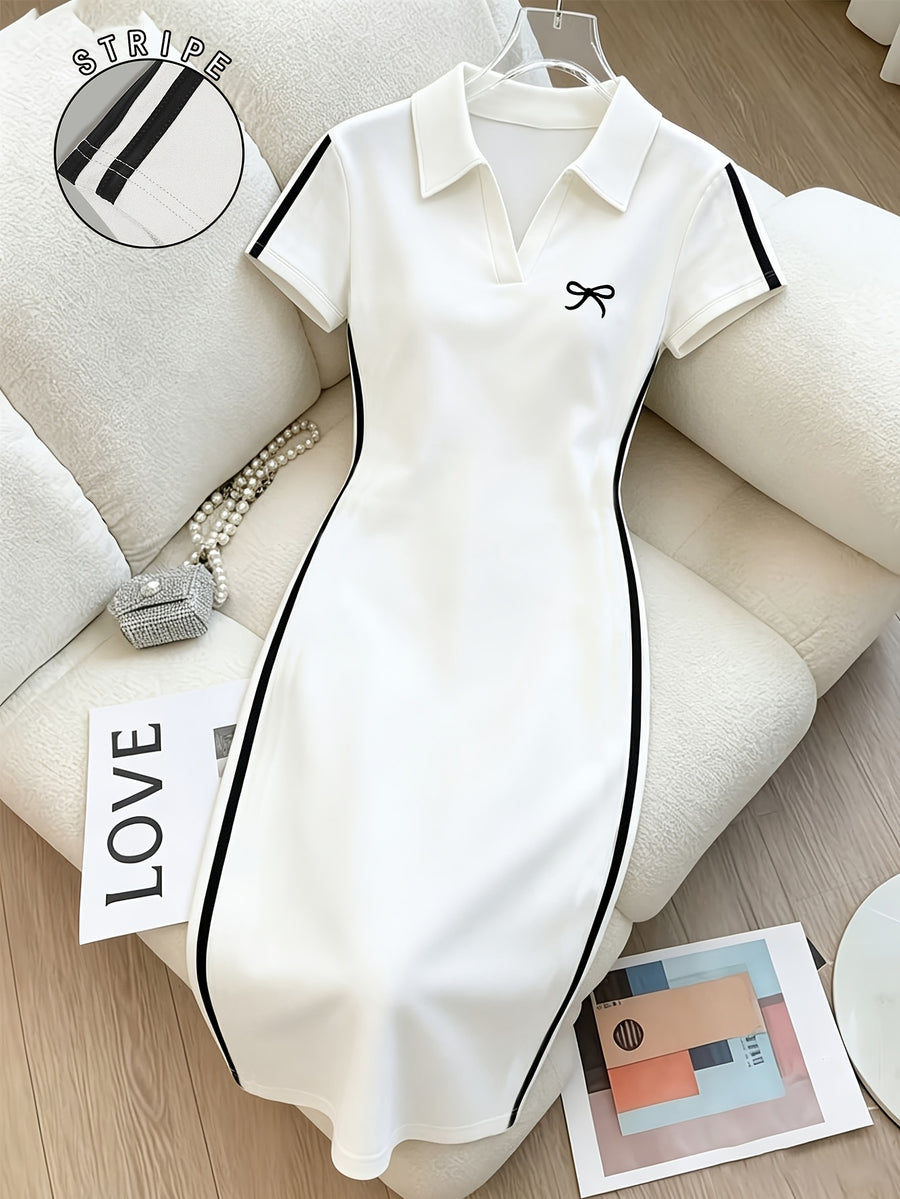 Ladies Bow Print Side Stripe Polo Collar Dress, Slim Fit Hip Wrap Dress for Summer - White